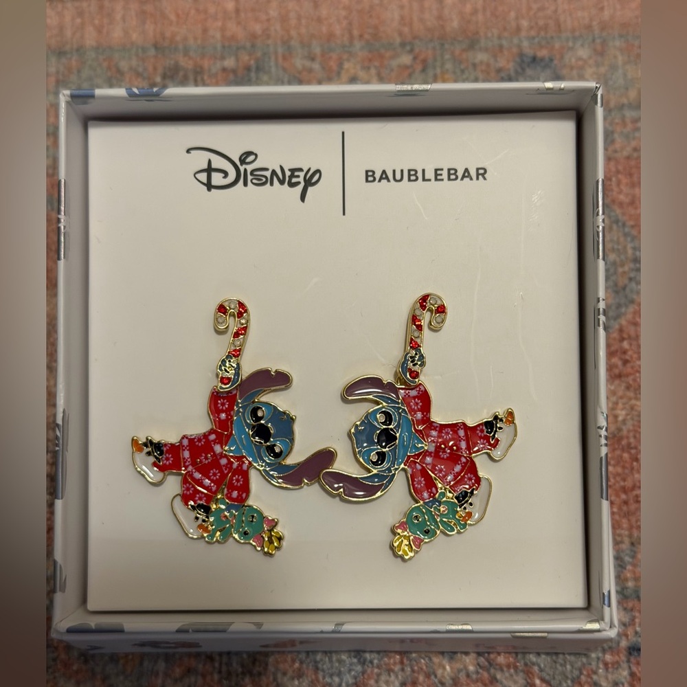 Brand New Disney X Baublebar Holiday Stitch Candy Cane Dangle Earring Studs